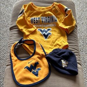 West Virginia Mountaineers Yellow Baby Bodysuit with Nike bib & TTW beanie